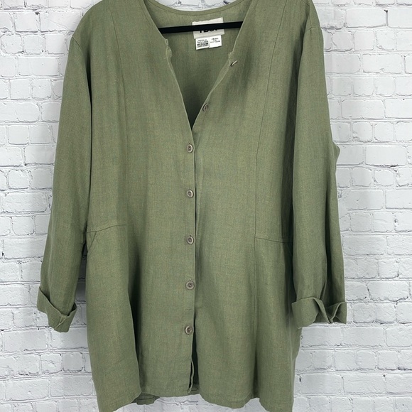Flax Tops - Flax Army Sage Green 100% Linen Button Down Top Size Medium